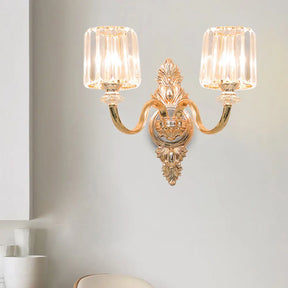Gold Retro Crystal Block Wall Sconce With 2-Bulb Cylinder & Carved Backplate