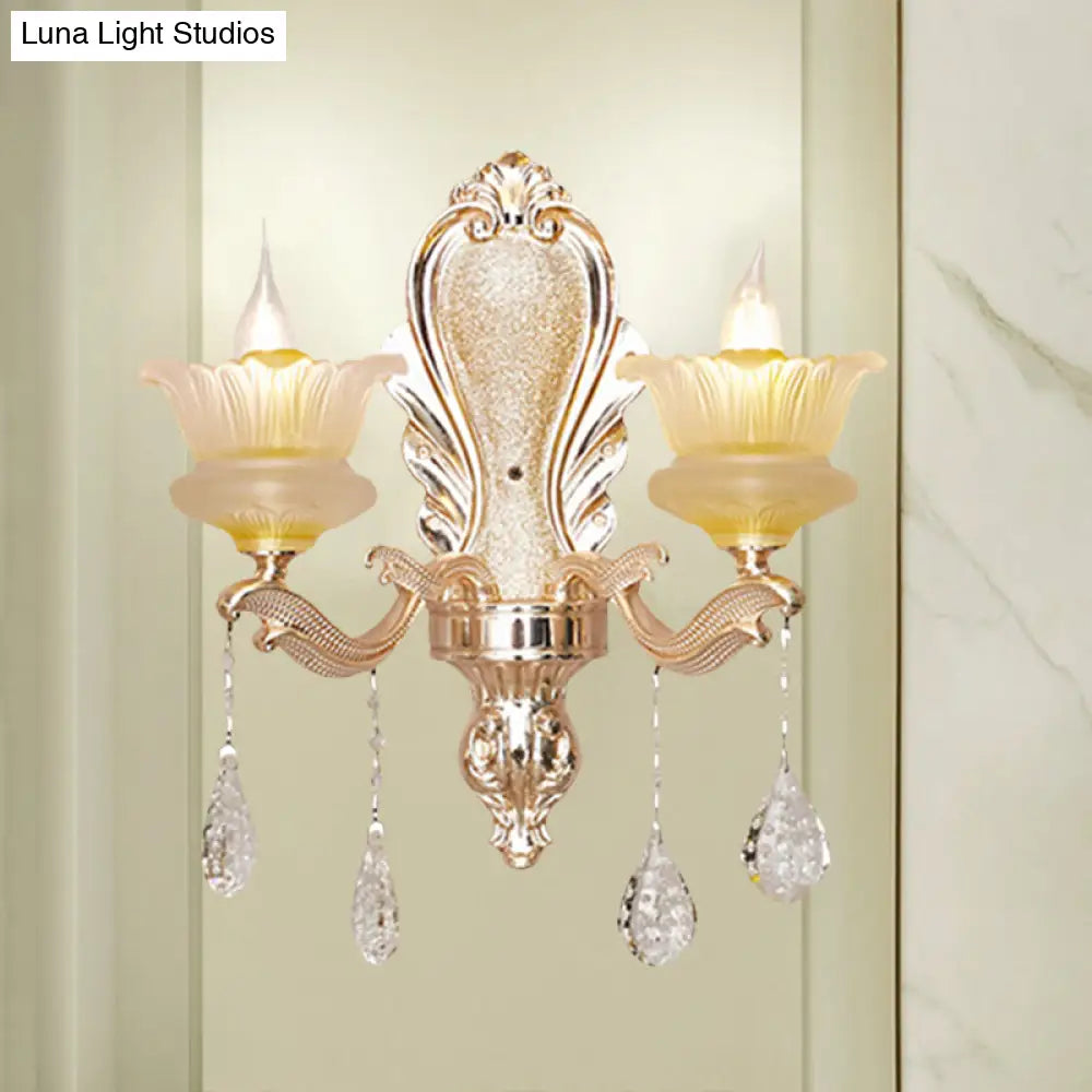 Gold Ribbed Glass Flower Sconce Lamp With 2 Lights For Mid-Century Indoor Wall Lighting