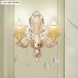 Gold Ribbed Glass Flower Sconce Lamp With 2 Lights For Mid-Century Indoor Wall Lighting