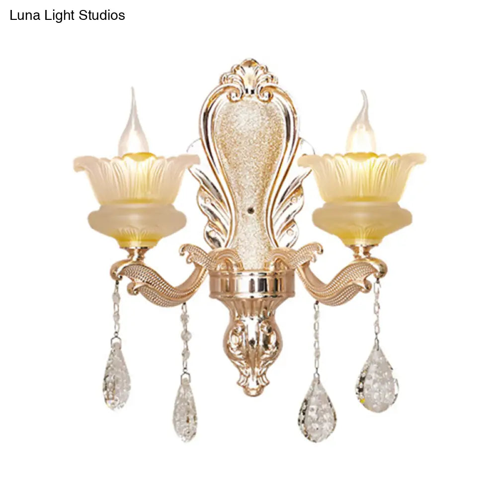 Gold Ribbed Glass Flower Sconce Lamp With 2 Lights For Mid-Century Indoor Wall Lighting
