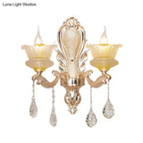 Gold Ribbed Glass Flower Sconce Lamp With 2 Lights For Mid-Century Indoor Wall Lighting