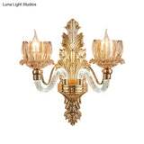 Gold Ribbed Glass Wall Sconce With 2 Floral Lights - Mid Century Fixture