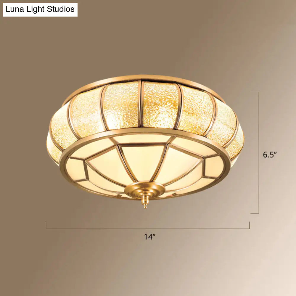 Gold Round Textured Glass Flush Ceiling Light For Traditional Bedroom – Elegant Flushmount Lighting