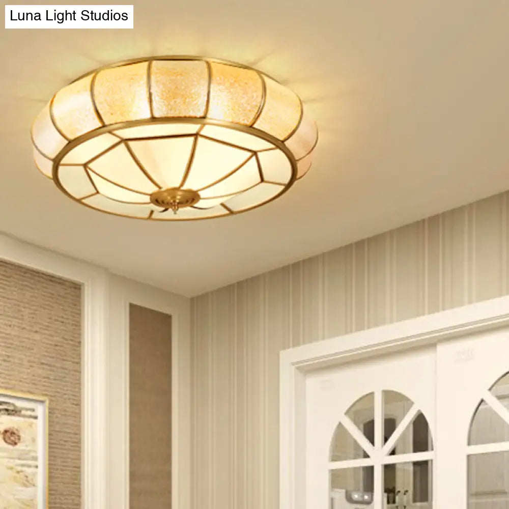 Gold Round Textured Glass Flush Ceiling Light For Traditional Bedroom – Elegant Flushmount Lighting