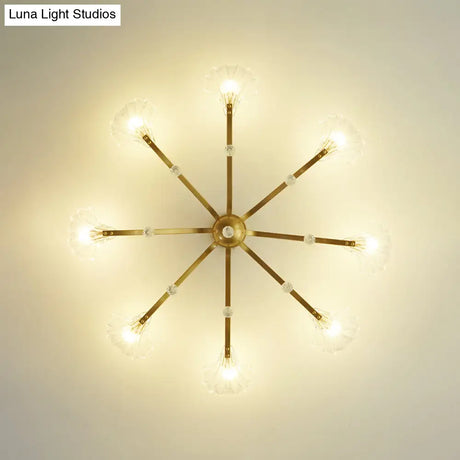 Gold Scalloped Shell Semi Flush Mount Crystal Chandelier - Countryside Parlor Ceiling Light