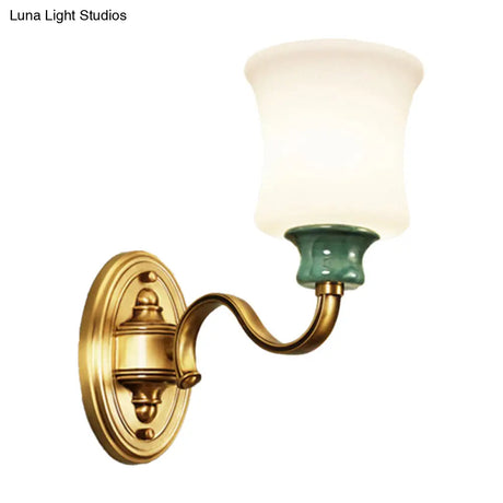 Gold Scalloped/Tapered/Curved Wall Mounted Bedside Light With Fabric/White Glass Shade