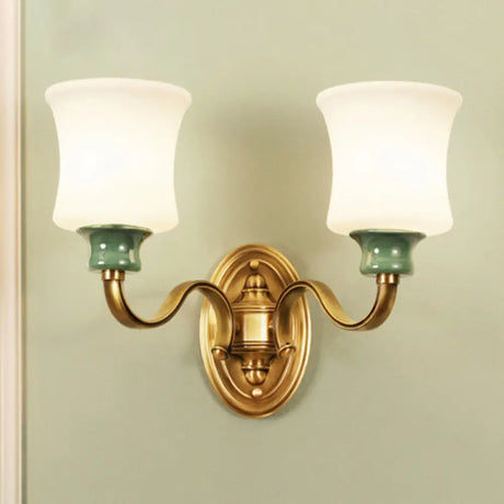 Gold Scalloped/Tapered/Curved Wall Mounted Bedside Light With Fabric/White Glass Shade 2 / C