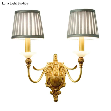 Gold Scalloped/Tapered/Curved Wall Mounted Bedside Light With Fabric/White Glass Shade