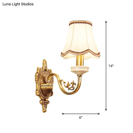Gold Scalloped/Tapered/Curved Wall Mounted Bedside Light With Fabric/White Glass Shade