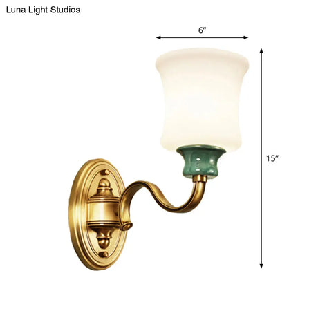Gold Scalloped/Tapered/Curved Wall Mounted Bedside Light With Fabric/White Glass Shade