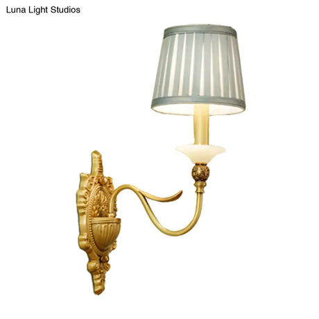 Gold Scalloped/Tapered/Curved Wall Mounted Bedside Light With Fabric/White Glass Shade