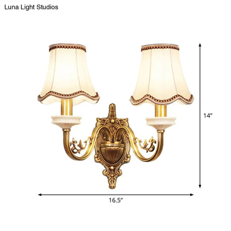 Gold Scalloped/Tapered/Curved Wall Mounted Bedside Light With Fabric/White Glass Shade