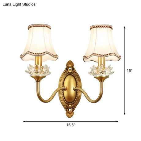Gold Scalloped/Tapered/Curved Wall Mounted Bedside Light With Fabric/White Glass Shade