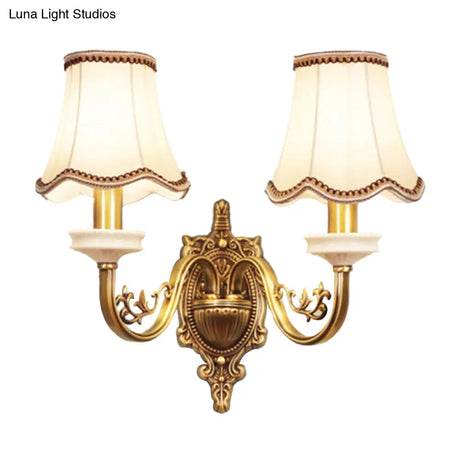 Gold Scalloped/Tapered/Curved Wall Mounted Bedside Light With Fabric/White Glass Shade