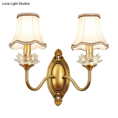 Gold Scalloped/Tapered/Curved Wall Mounted Bedside Light With Fabric/White Glass Shade