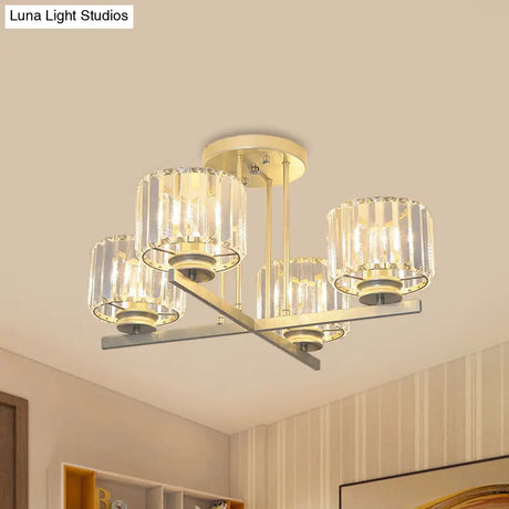 Gold Semi-Mount Crystal Prism Ceiling Flush Light - Modern 3/4-Light Short Cylinder