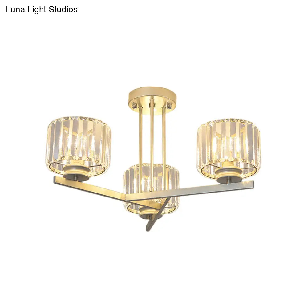 Gold Semi-Mount Crystal Prism Ceiling Flush Light - Modern 3/4-Light Short Cylinder