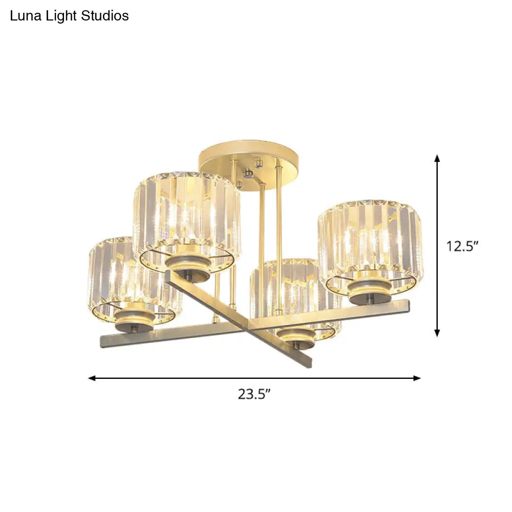 Gold Semi-Mount Crystal Prism Ceiling Flush Light - Modern 3/4-Light Short Cylinder