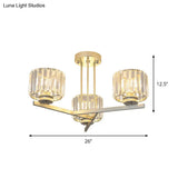 Gold Semi-Mount Crystal Prism Ceiling Flush Light - Modern 3/4-Light Short Cylinder