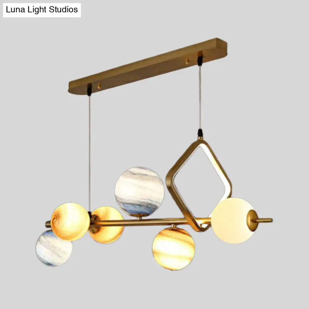 Gold Stained Glass Nordic Planet 7-Head Hanging Light For Dining Room