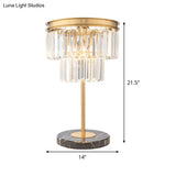 Gold Study Lamp With Clear Crystal Cylinder Design 3-Bulb Modern Reading Light On Marble Base