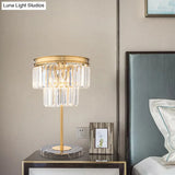 Gold Study Lamp With Clear Crystal Cylinder Design 3-Bulb Modern Reading Light On Marble Base