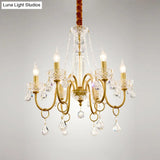 Gold Swirled Arm Pendant Chandelier With Crystal Droplets - 6-Bulb Metal Hanging Light Fixture