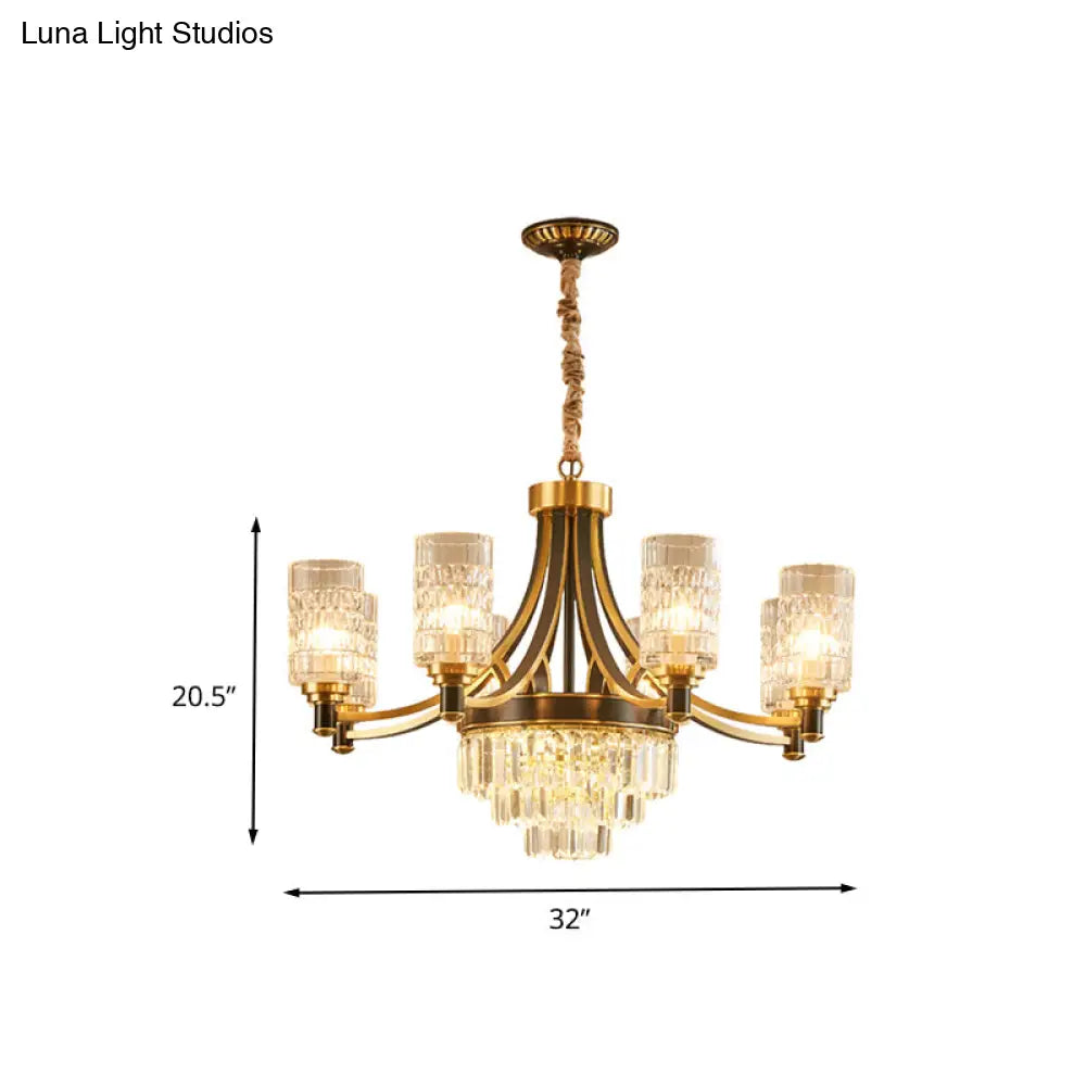Gold Textured Crystal Chandelier With Cylinder Dining Room Hanging Light - Postmodern Style 6/8
