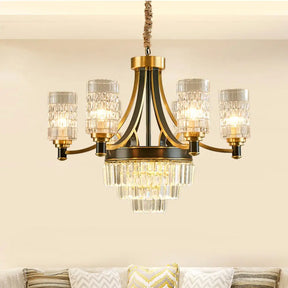 Gold Textured Crystal Chandelier With Cylinder Dining Room Hanging Light - Postmodern Style 6/8