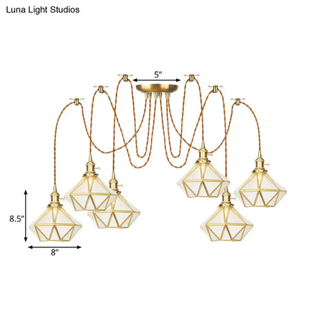 Gold Traditional Pendant Light With 2/3/4 Clear Water Glass Diamond Swag Heads