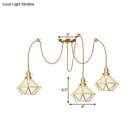 Gold Traditional Pendant Light With 2/3/4 Clear Water Glass Diamond Swag Heads