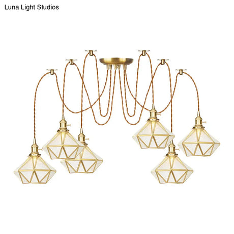 Gold Traditional Pendant Light With 2/3/4 Clear Water Glass Diamond Swag Heads