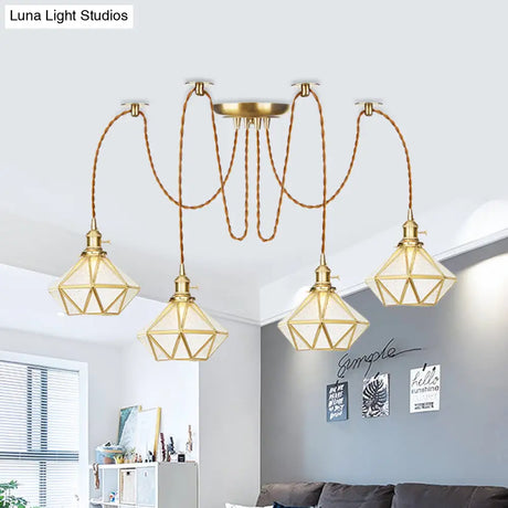Gold Traditional Pendant Light With 2/3/4 Clear Water Glass Diamond Swag Heads
