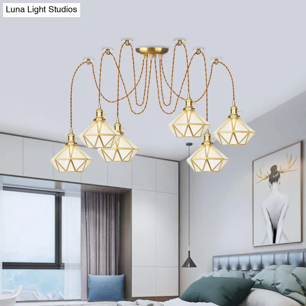 Gold Traditional Pendant Light With 2/3/4 Clear Water Glass Diamond Swag Heads