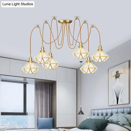 Gold Traditional Pendant Light With 2/3/4 Clear Water Glass Diamond Swag Heads