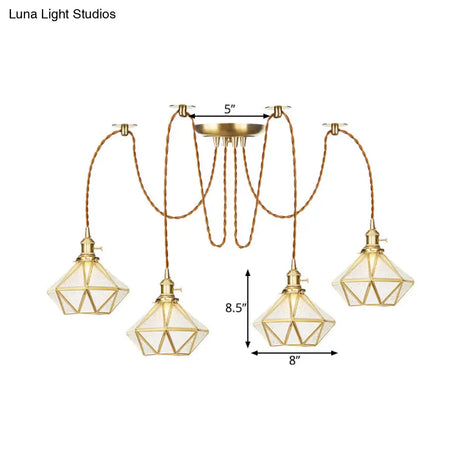 Gold Traditional Pendant Light With 2/3/4 Clear Water Glass Diamond Swag Heads