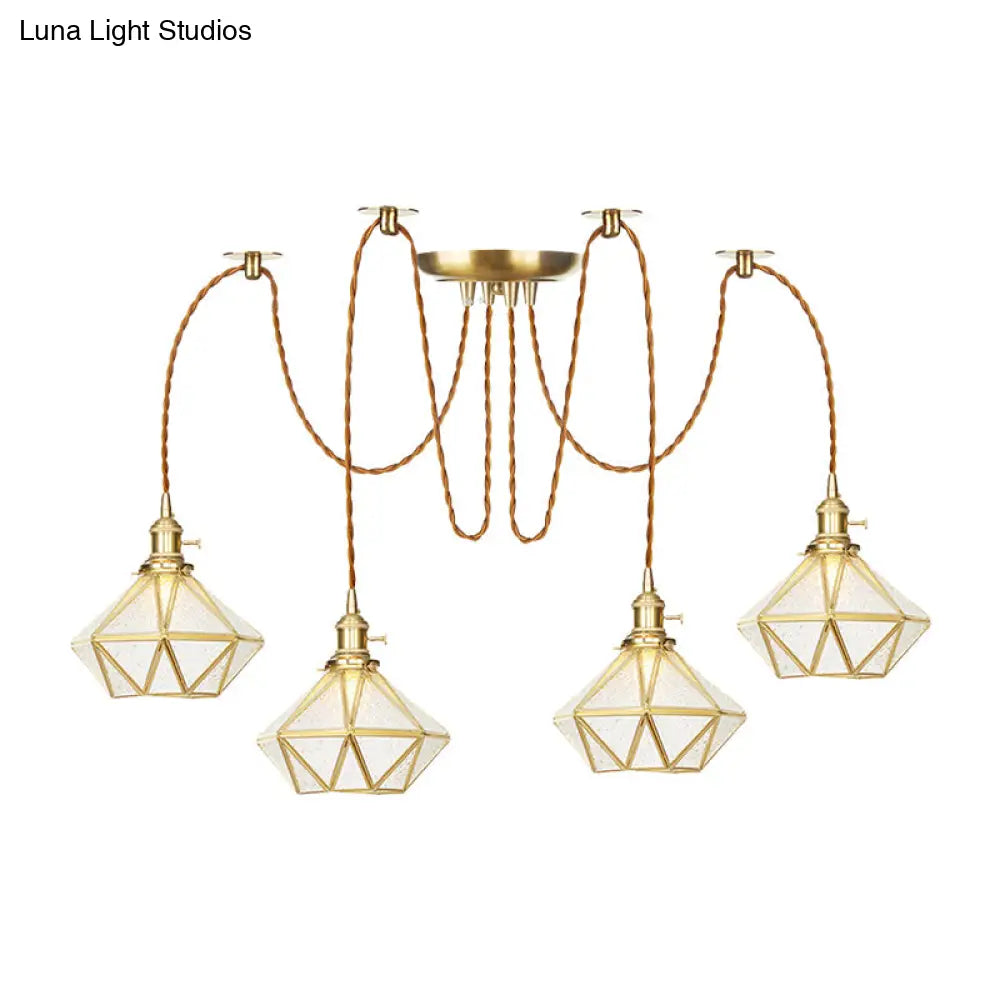 Gold Traditional Pendant Light With 2/3/4 Clear Water Glass Diamond Swag Heads