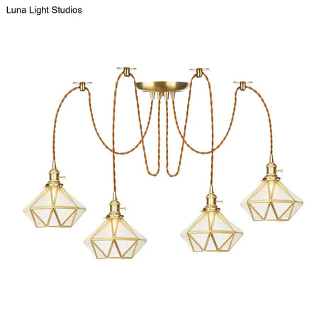 Gold Traditional Pendant Light With 2/3/4 Clear Water Glass Diamond Swag Heads