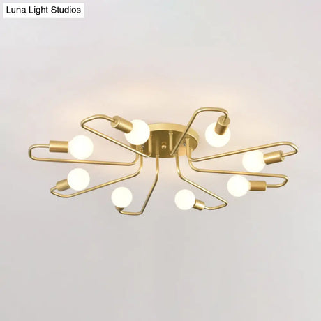 Gold Twisted Arm 8-Head Semi-Flush Metal Ceiling Lamp: Minimalist Lighting For Living Room