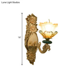 Gold Wall Lamp With Amber And Clear Glass Floral Shade - Single Light Mid-Century Sconce