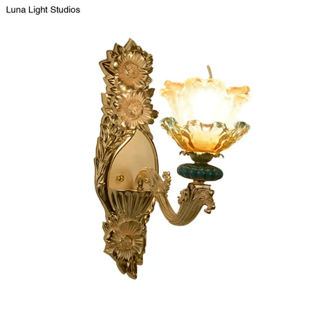 Gold Wall Lamp With Amber And Clear Glass Floral Shade - Single Light Mid-Century Sconce