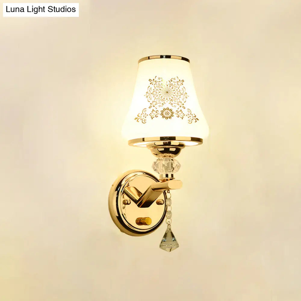 Gold Wall Light With Crystal Accent And White Tapered Glass Shade