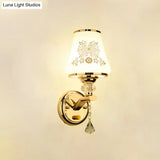 Gold Wall Light With Crystal Accent And White Tapered Glass Shade