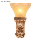 Gold Wall Mount Lamp With Amber Fluted Glass - Loft Style Trapezoid Lighting Fixture