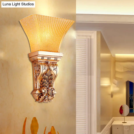 Gold Wall Mount Lamp With Amber Fluted Glass - Loft Style Trapezoid Lighting Fixture