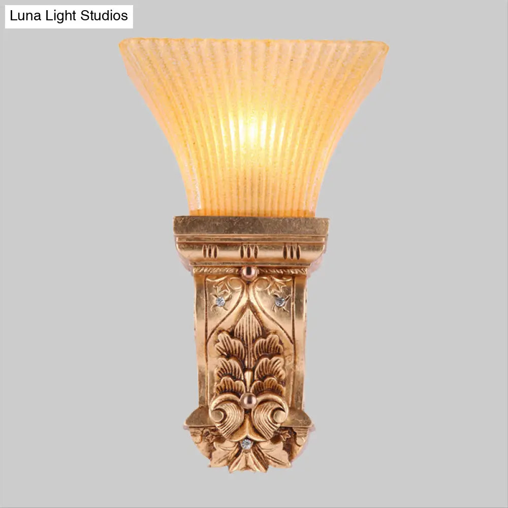 Gold Wall Mount Lamp With Amber Fluted Glass - Loft Style Trapezoid Lighting Fixture