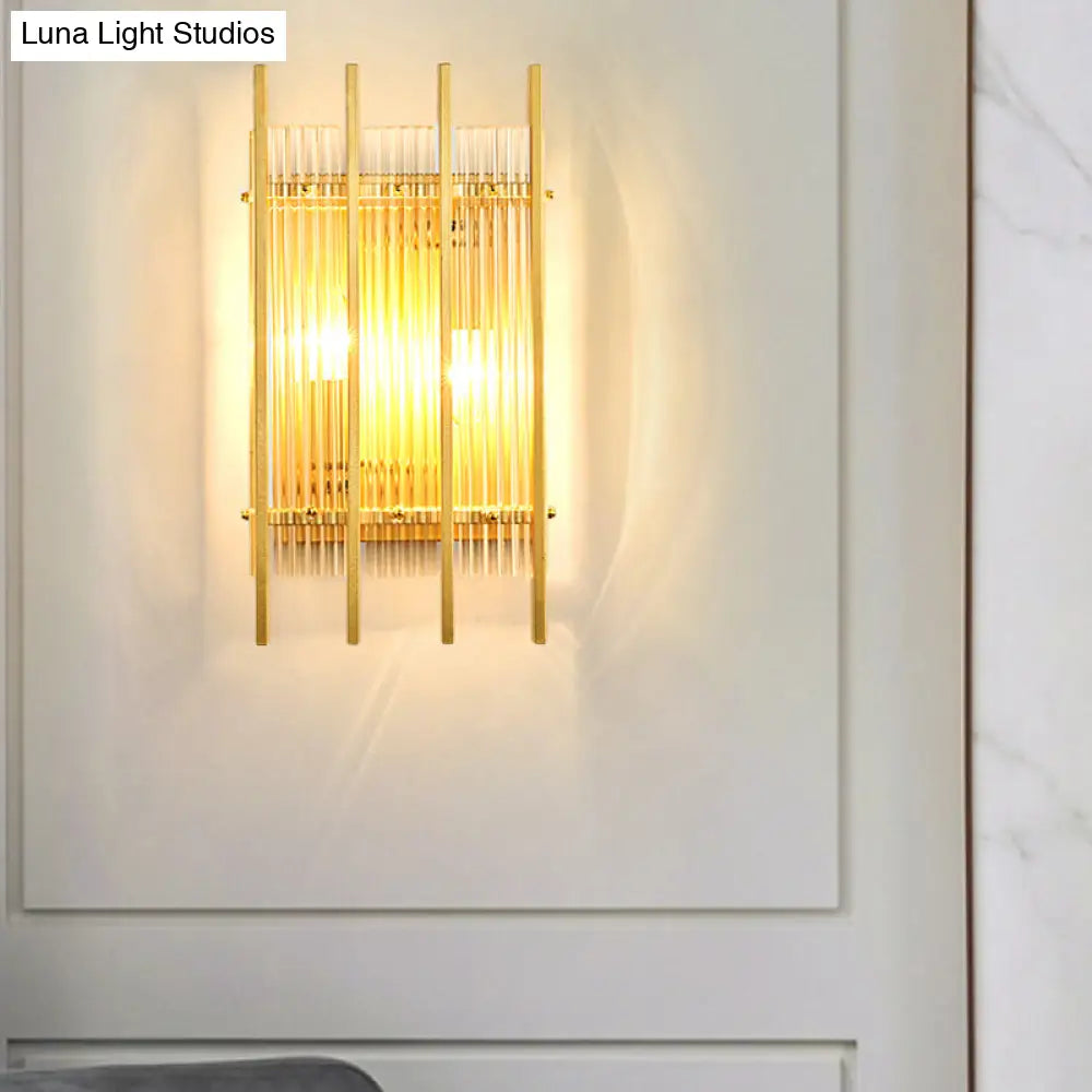 Gold Wall Mounted Light Fixture With Clear Crystal Rods - Modern Cylindrical/Rectangle Design Ideal