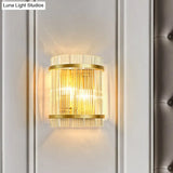 Gold Wall Mounted Light Fixture With Clear Crystal Rods - Modern Cylindrical/Rectangle Design Ideal