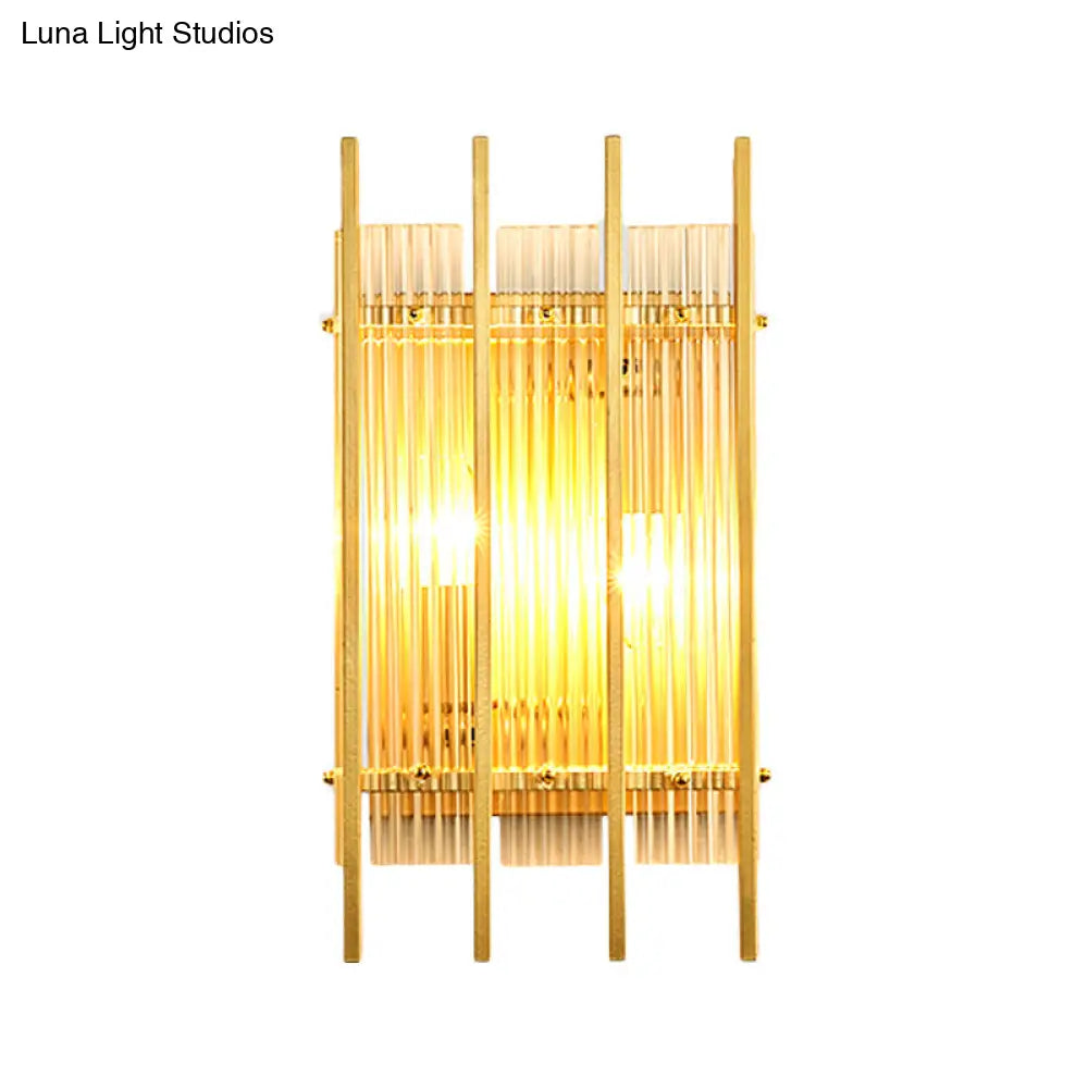 Gold Wall Mounted Light Fixture With Clear Crystal Rods - Modern Cylindrical/Rectangle Design Ideal