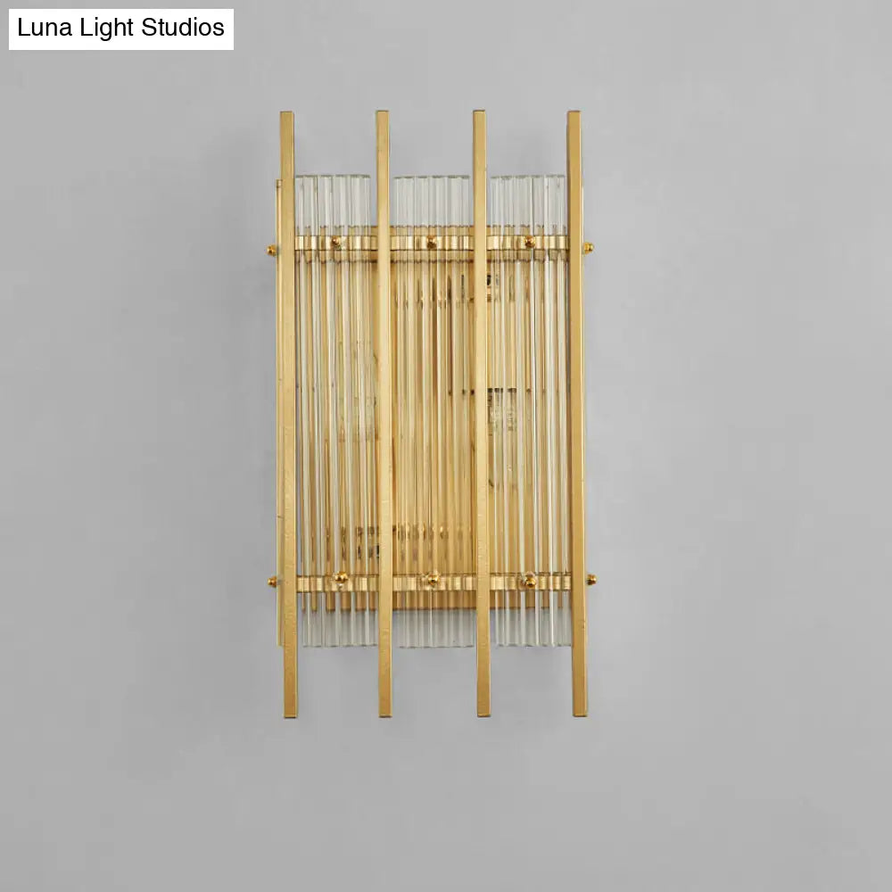 Gold Wall Mounted Light Fixture With Clear Crystal Rods - Modern Cylindrical/Rectangle Design Ideal